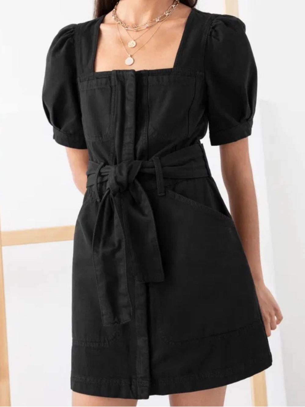 & Other Stories Black Puff-Sleeve Denim Mini Dress